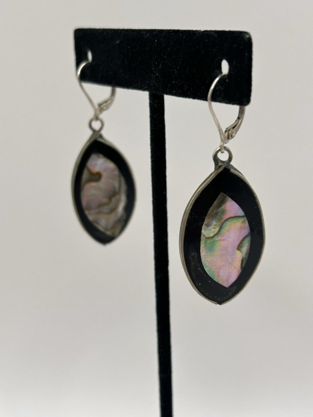 Vintage Abalone Shell Inlay Dangle Earrings 925 Sterling Silver Black Oval - Picture 8 of 14